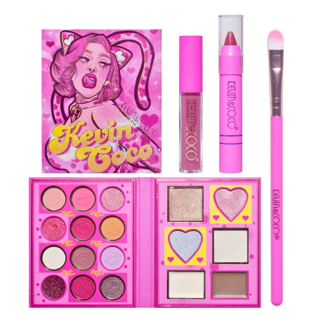 Trusa Machiaj - Set 4 Produse de Machiaj, KEVIN & COCO, Pink Loving-Heart Leopard Girl, 18 Culori, Farduri de Ochi Mate, Sidefate si Glitter, Iluminatoare si Produse pentru Conturare, Luciu de Buze si Pensula Inclusa