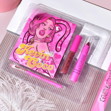 Set 4 Produse de Machiaj, KEVIN & COCO, Pink Loving-Heart Leopard Girl, 18 Culori, Farduri de Ochi Mate, Sidefate si Glitter, Iluminatoare si Produse pentru Conturare, Luciu de Buze si Pensula Inclusa [3]