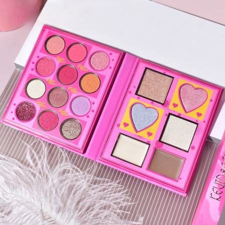 Set 4 Produse de Machiaj, KEVIN & COCO, Pink Loving-Heart Leopard Girl, 18 Culori, Farduri de Ochi Mate, Sidefate si Glitter, Iluminatoare si Produse pentru Conturare, Luciu de Buze si Pensula Inclusa [4]