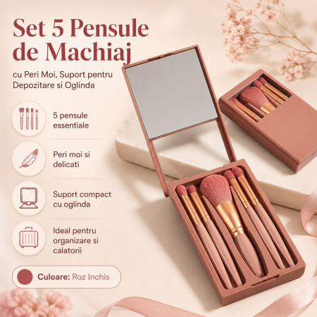 Set 5 Pensule de Machiaj cu Peri Moi, Flippy, cu Suport pentru Depozitare si Oglinda, Roz Inchis [1]