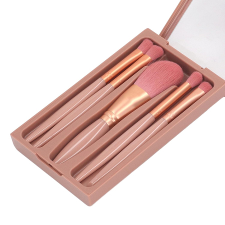 Pensula Machiaj - Set 5 Pensule de Machiaj cu Peri Moi, Flippy, cu Suport pentru Depozitare si Oglinda, Roz Inchis