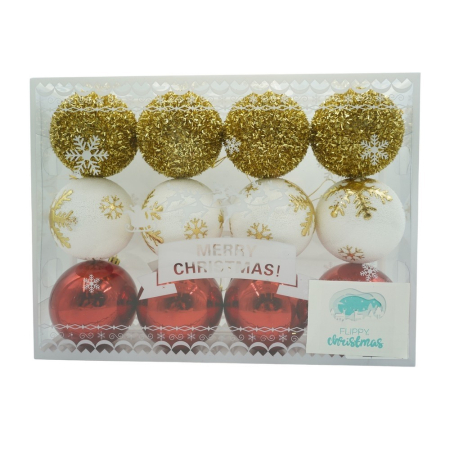 Set Ornamente Brad - Set de 12 ornamente de brad, Flippy, de tip Glob, Alb/ Rosu, din polistiren, cu finisaj sclipitor , cutie  8  cm adancime x 32  cm lungime x 24  cm inaltime