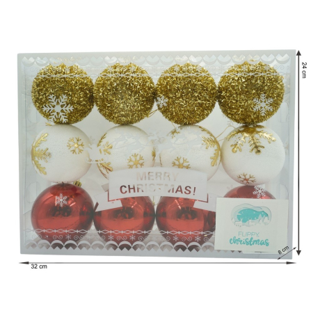 Set de 12 ornamente de brad, Flippy, de tip Glob, Alb/ Rosu, din polistiren, cu finisaj sclipitor , cutie  8  cm adancime x 32  cm lungime x 24  cm inaltime [10]