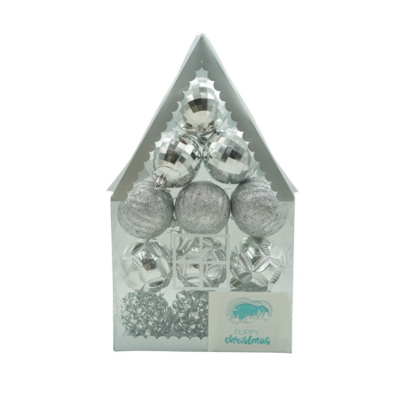 Set Ornamente Brad - Set de 12 ornamente de brad, Flippy, de tip Glob, Argintiu, din plastic, cu finisaj sclipitor , cutie  6  cm adancime x 30  cm inaltime x 18  cm lungime)