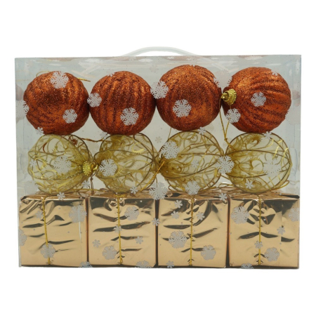 Set Ornamente Brad - Set de 12 ornamente de brad, Flippy, de tip Glob, Cupru/ Auriu, din polistiren, cu finisaj sclipitor , cutie  6  cm adancime x 23  cm lungime x 18  cm inaltime