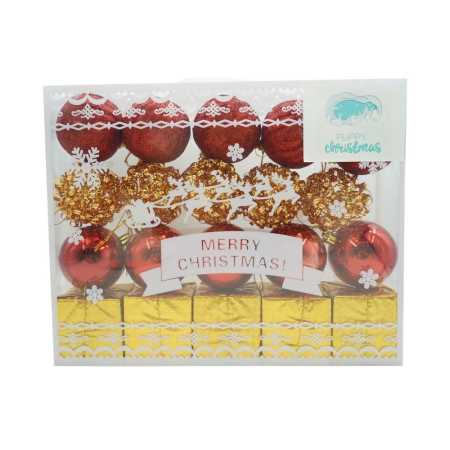 Set Ornamente Brad - Set de 20 ornamente de brad, Flippy, de tip Glob, Rosu/ Auriu, din polistiren, cu finisaj sclipitor , cutie  6  cm adancime x 29  cm lungime x 24  cm inaltime