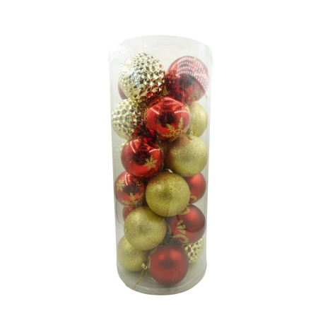 Set Ornamente Brad - Set de 24 ornamente de brad, Flippy, de tip Glob, Rosu/ Auriu, cu ø de 8 cm, din plastic, cu finisaj sclipitor , cutie  19  cm lungime x 42  cm inaltime x 19  cm adancime
