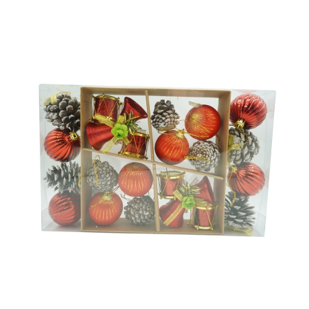 Set Ornamente Brad - Set de 24 ornamente de brad, Flippy, de tip Glob, Rosu/ Maro, din polistiren, cu finisaj sclipitor , cutie  5  cm adancime x 29  cm lungime x 19  cm inaltime