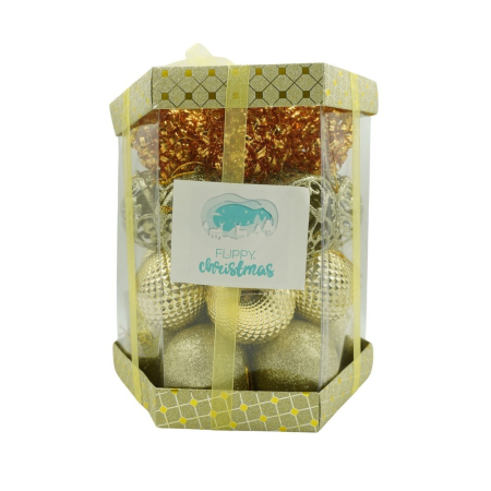 Set Ornamente Brad - Set de 28 ornamente de brad, Flippy, de tip Glob, Cupru/ Auriu, din polistiren, cu finisaj sclipitor , cutie  18  cm adancime x 22  cm inaltime x 18  cm lungime)