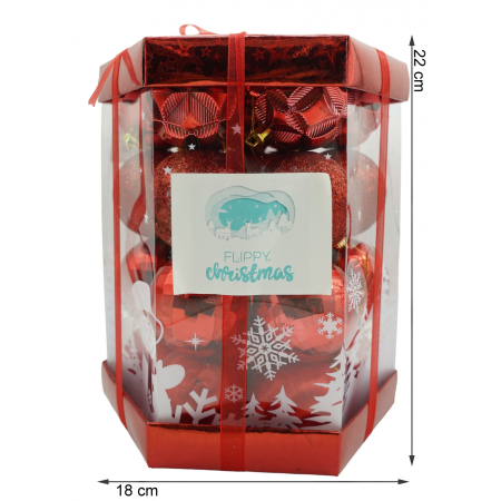Set de 28 ornamente de brad, Flippy, de tip Glob, Rosu, din polistiren, cu finisaj sclipitor , cutie  18  cm adancime x 22  cm inaltime x 18  cm lungime) [4]