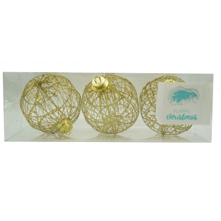 Set Ornamente Brad - Set de 3 ornamente de brad, Flippy, de tip Glob, Auriu, cu ø de 10 cm, din metal, cu finisaj sclipitor , cutie  10  cm adancime x 30  cm lungime x 10  cm inaltime