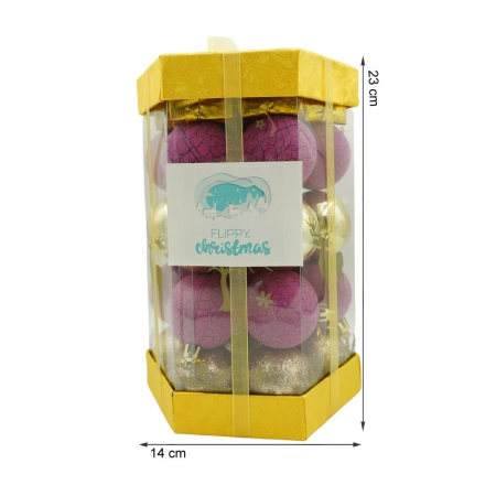 Set de 35 ornamente de brad, Flippy, de tip Glob, Auriu/ Mov, din polistiren, cu finisaj sclipitor , cutie  14  cm adancime x 23  cm inaltime x 14  cm lungime) [10]