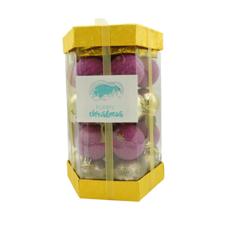 Set Ornamente Brad - Set de 35 ornamente de brad, Flippy, de tip Glob, Auriu/ Mov, din polistiren, cu finisaj sclipitor , cutie  14  cm adancime x 23  cm inaltime x 14  cm lungime)