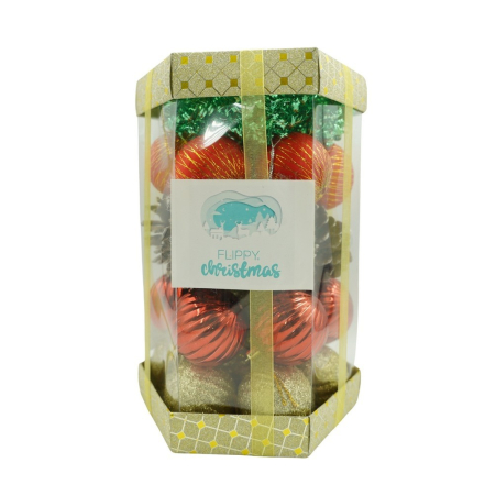Set Ornamente Brad - Set de 35 ornamente de brad, Flippy, de tip Glob, Multicolor, din polistiren, cu finisaj sclipitor , cutie  14  cm adancime x 23  cm inaltime x 14  cm lungime)