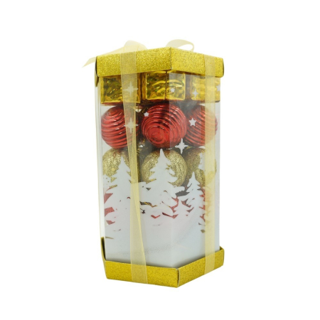 Set Ornamente Brad - Set de 35 ornamente de brad, Flippy, de tip Glob, Rosu/ Auriu, din polistiren, cu finisaj sclipitor , cutie  11  cm adancime x 19  cm inaltime x 11  cm lungime)