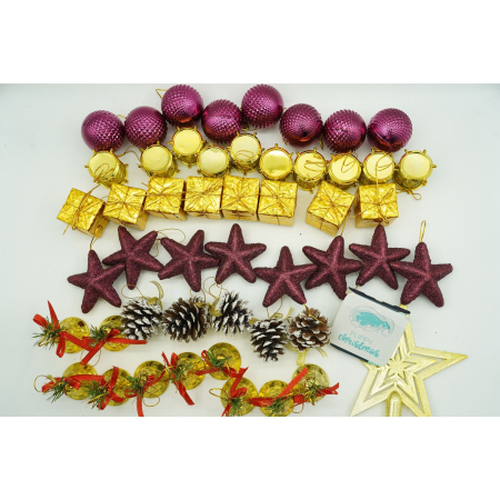 Set de 50 ornamente de brad, Flippy, de tip Glob, Rosu/ Auriu, din plastic, cu finisaj sclipitor , cutie  18  cm lungime x 12  cm adancime x 18  cm inaltime [1]