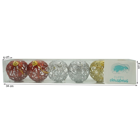 Set de 6 ornamente de brad, Flippy, de tip Glob, Multicolor, cu ø de 6 cm, din metal, cu finisaj sclipitor , cutie  6  cm adancime x 34  cm lungime x 6  cm inaltime [14]