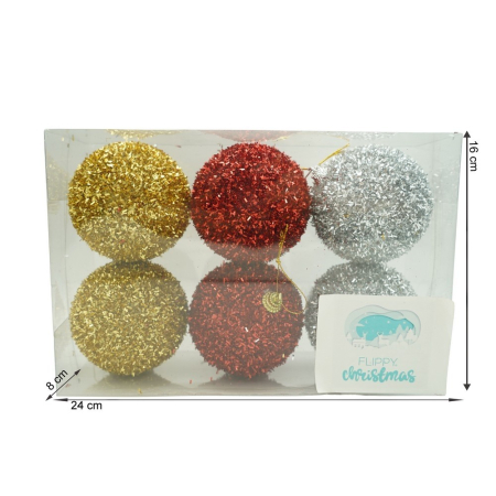 Set de 6  ornamente de brad, Flippy, de tip Glob, Multicolor, cu ø de 8 cm, din polistiren, cu finisaj sclipitor , cutie  16  cm inaltime x 24  cm lungime x 8  cm adancime [10]