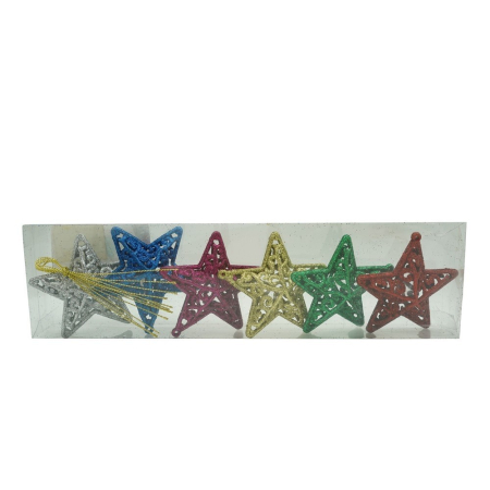 Set Ornamente Brad - Set de 6 ornamente de brad, Flippy, de tip Stea, Multicolor, din plastic, cu finisaj sclipitor , cutie  3  cm adancime x 31  cm lungime x 9  cm inaltime