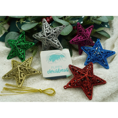 Set de 6 ornamente de brad, Flippy, de tip Stea, Multicolor, din plastic, cu finisaj sclipitor , cutie  3  cm adancime x 31  cm lungime x 9  cm inaltime [13]