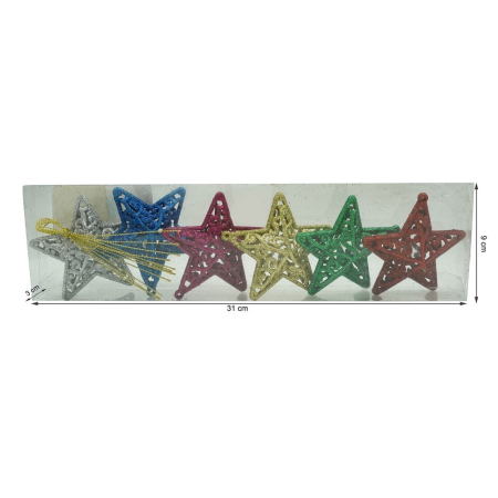 Set de 6 ornamente de brad, Flippy, de tip Stea, Multicolor, din plastic, cu finisaj sclipitor , cutie  3  cm adancime x 31  cm lungime x 9  cm inaltime [14]