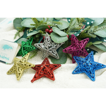 Set de 6 ornamente de brad, Flippy, de tip Stea, Multicolor, din plastic, cu finisaj sclipitor , cutie  3  cm adancime x 31  cm lungime x 9  cm inaltime [5]