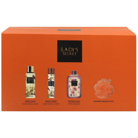 Set Caseta Cadou - Set ingrijire corporala, Lady's Secret, Gel de Dus 250, Bodymist250, Bs75 Vanilla, 4 produse pentru femei: parfum, spray corporal, gel de dus si prosop