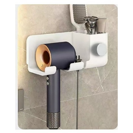Suport de Baie, Flippy, pentru Uscator de Par, cu Organizator Dublu, din Plastic, Aplicare cu Suport Adeziv, 23 x 8.8 x 9.5 cm, Alb [3]