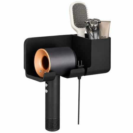 Articole Pentru Baie - Suport de Baie, Flippy, pentru Uscator de Par, cu Organizator Dublu, din Plastic, Aplicare cu Suport Adeziv, 23 x 8.8 x 9.5 cm, Negru