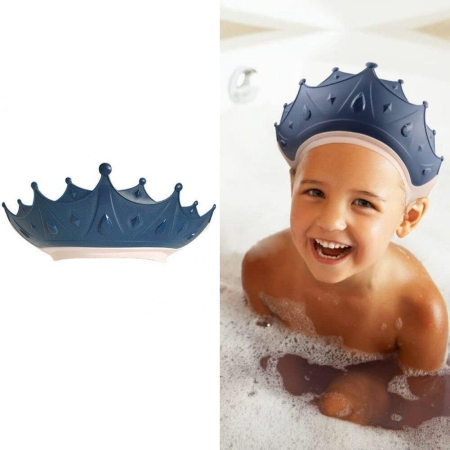 Viziera de Protectie Baie Pentru Copii, Fippy, Model Coroana, Dimensiune ajustabila, Durabil, Usor de curatat, Impotriva Samponului, pentru Ochi si Urechi, TPE+PP, 15x13 cm, Albastru Inchis [1]