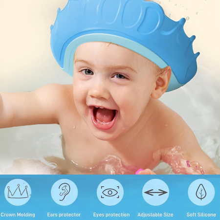 Viziera de Protectie Baie Pentru Copii, Fippy, Model Coronita, Dimensiune ajustabila, Durabil, Usor de curatat, Impotriva Samponului, pentru Ochi si Urechi, TPE+PP, 24x22 cm, Albastru [5]