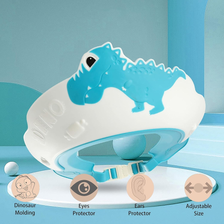 Viziera de Protectie Baie Pentru Copii, Fippy, Model Dinozaur, Dimensiune ajustabila, Durabil, Usor de curatat, Impotriva Samponului, pentru Ochi si Urechi, TPE+PP, 22x21 cm, Albastru [1]