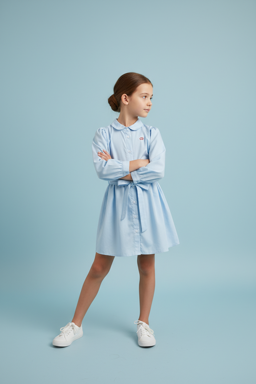 Rochita Tip Camasa din Poplin de Bumbac Premium „Smart Chic” niDom – Inchidere Completa cu Nasturi, Fusta Clos si Cordon Detasabil (Fabricat in Romania) [2]