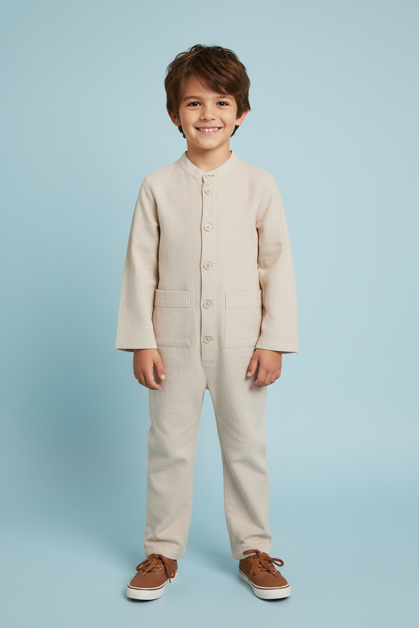 Salopeta Premium din In „Micul Explorator” niDom – Material Natural Prespalat, Nasturi in Fata si Buzunare Practice (Fabricat in Romania) [3]