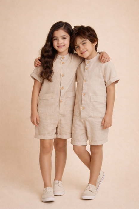 Salopeta Premium din In „Micul Explorator” niDom – Material Natural Prespalat, Nasturi in Fata si Buzunare Practice (Fabricat in Romania) [2]