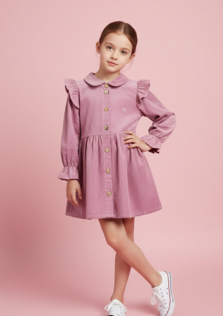Fetite - Rochita Premium din Catifea de Bumbac „Poveste de Iarna” niDom – Guler Peter Pan, Nasturi in Fata si Material European 100% Natural (Fabricat in Romania)