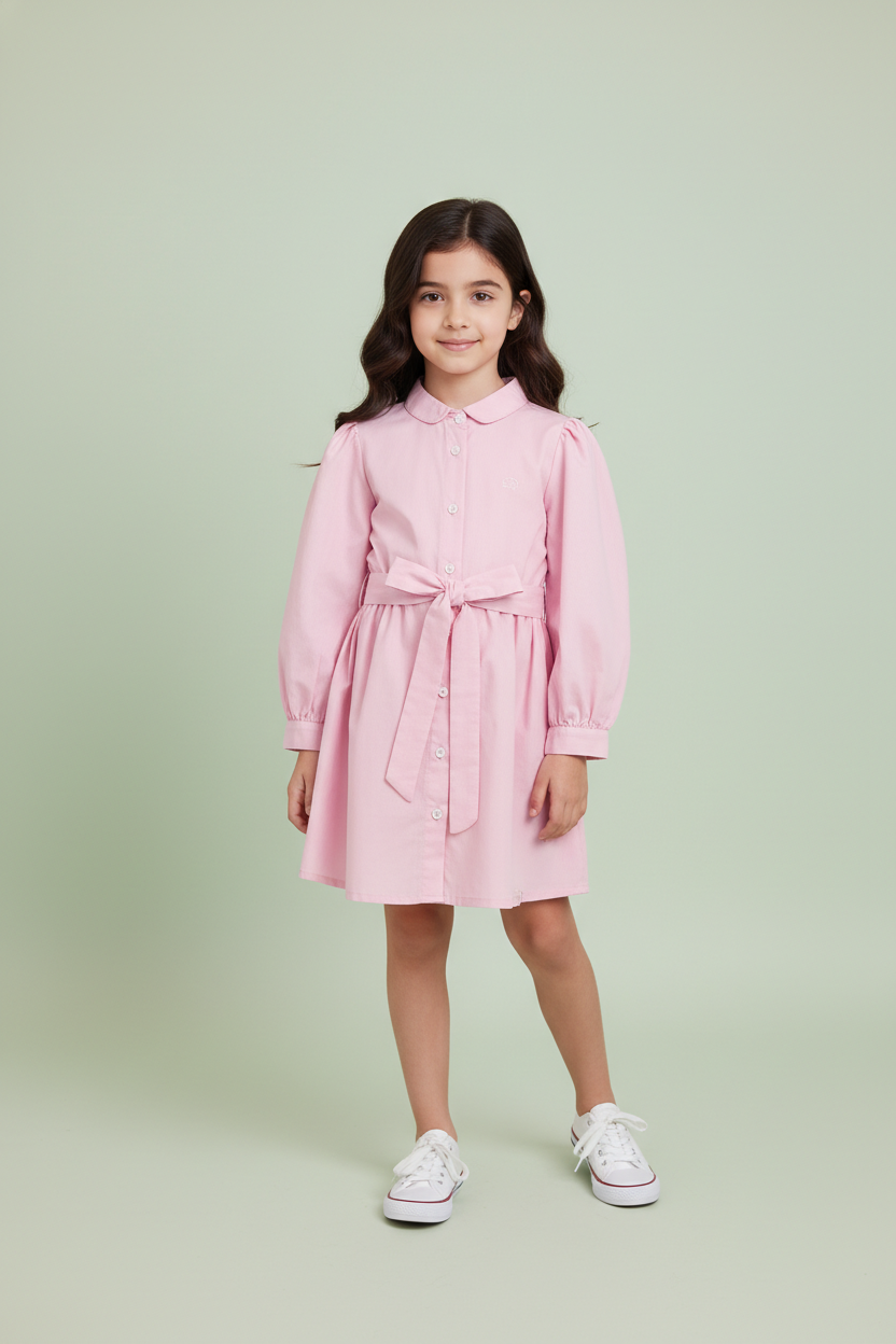 Fetite - Rochita Tip Camasa din Poplin de Bumbac Premium „Smart Chic” niDom – Inchidere Completa cu Nasturi, Fusta Clos si Cordon Detasabil (Fabricat in Romania)