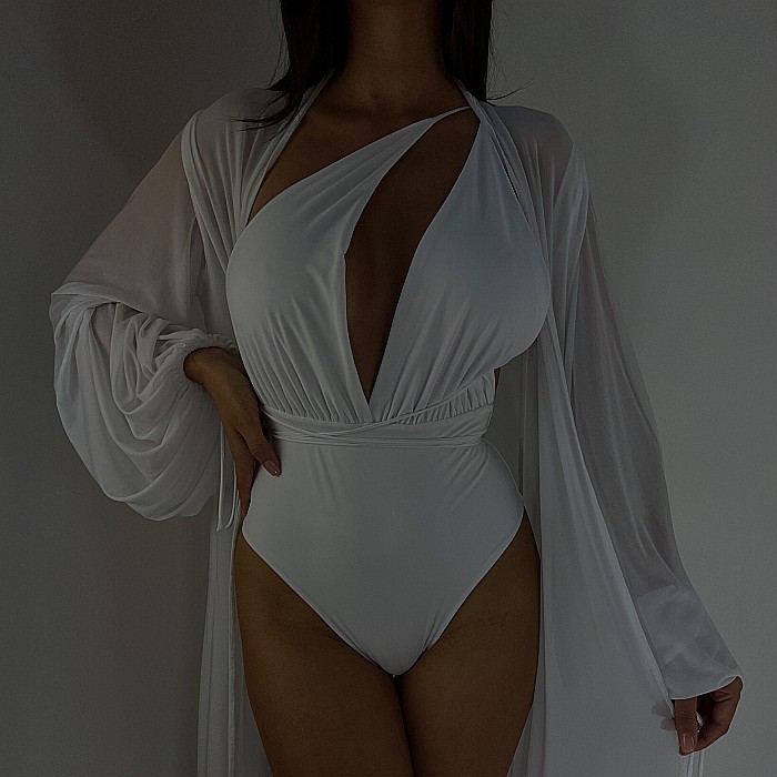 Costum De Baie Decoltat Versatil Alb Lycra - Amanza [6]