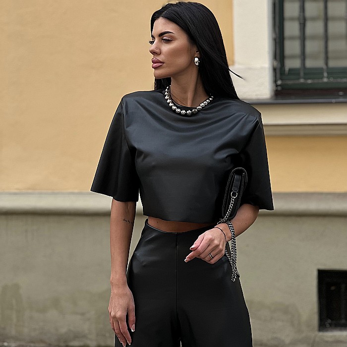 Top Dama Cu Maneca Scurta Si Umeri Negru Piele Eco - Dimitra [3]