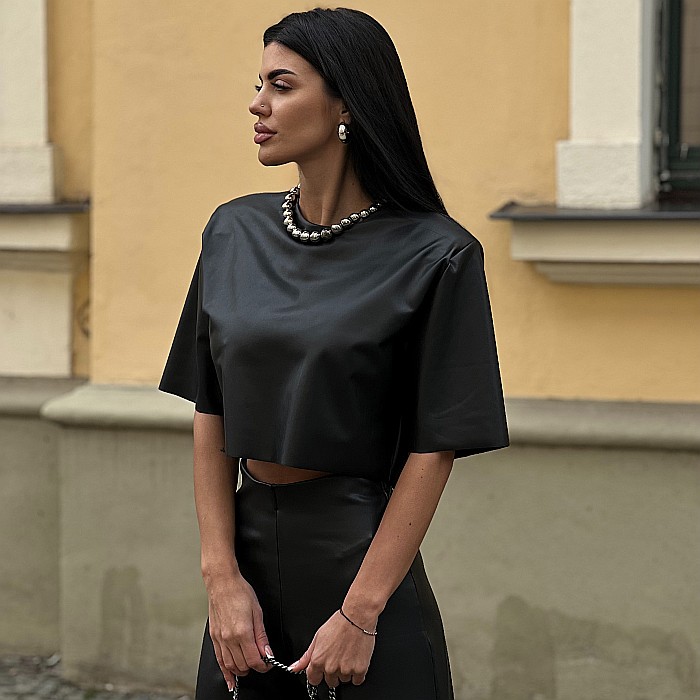 Top Dama Cu Maneca Scurta Si Umeri Negru Piele Eco - Dimitra [4]