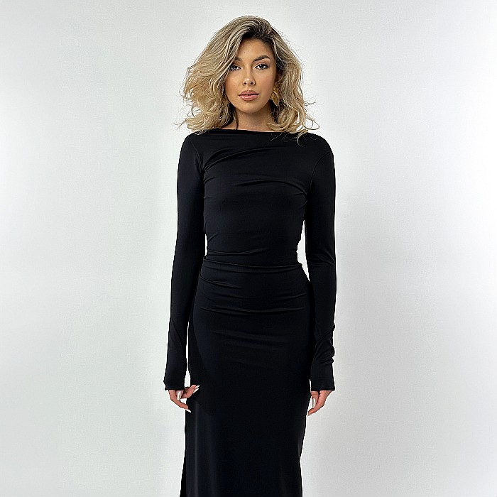 Rochie Dama Lunga Crapata Pe Picior Neagra Lycra - Feliksa [5]