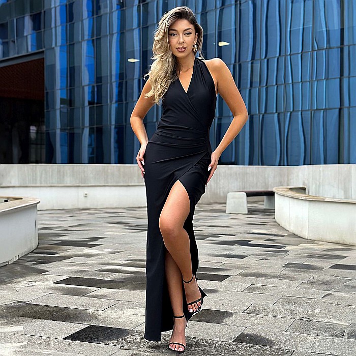 Rochie Dama Lunga Decoltata Neagra Lycra - Anya [3]