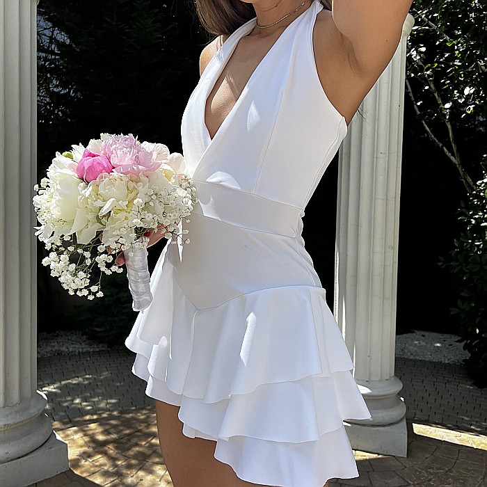 Rochie Cununie Civila Scurta Cu Volane Alba Lycra - Serefina [2]