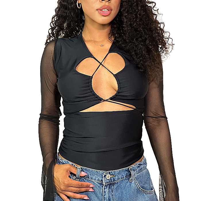 Top Dama Cu Snur Si Maneca Lunga Negru Lycra - Tessa [6]