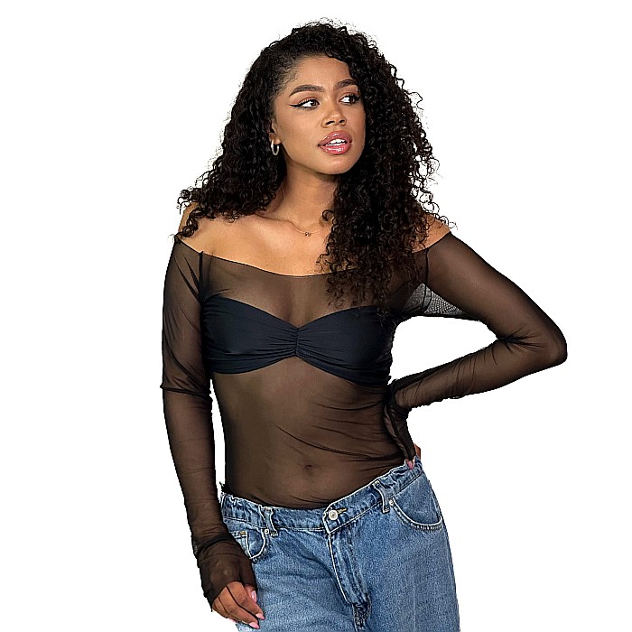 Top Dama Cu Umerii Goi Si Maneca Lunga Negru Lycra - Beth [6]