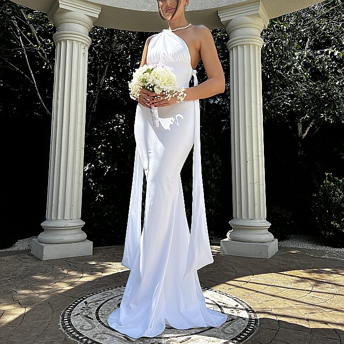 Rochie Cununie Civila Lunga Cu Spatele Gol Alba Lycra - Monique [2]