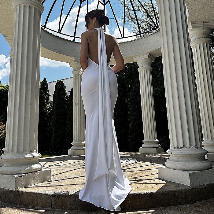 Rochie Cununie Civila Lunga Cu Spatele Gol Alba Lycra - Monique [4]