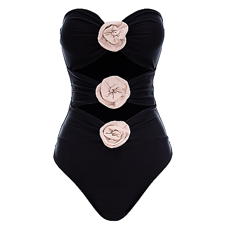 COSTUME DE BAIE SEXY - Costum De Baie Decoltat Cu Trandafiri Detasabili Negru Lycra - Miany