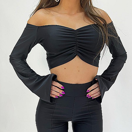 TOPURI DAMA - Top Dama Cu Umerii Goi Si Maneca Lunga Negru Lycra - Amira