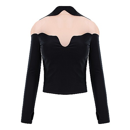 TOPURI DAMA - Top Dama Cu Umerii Goi Si Maneca Lunga Negru Lycra - Ments